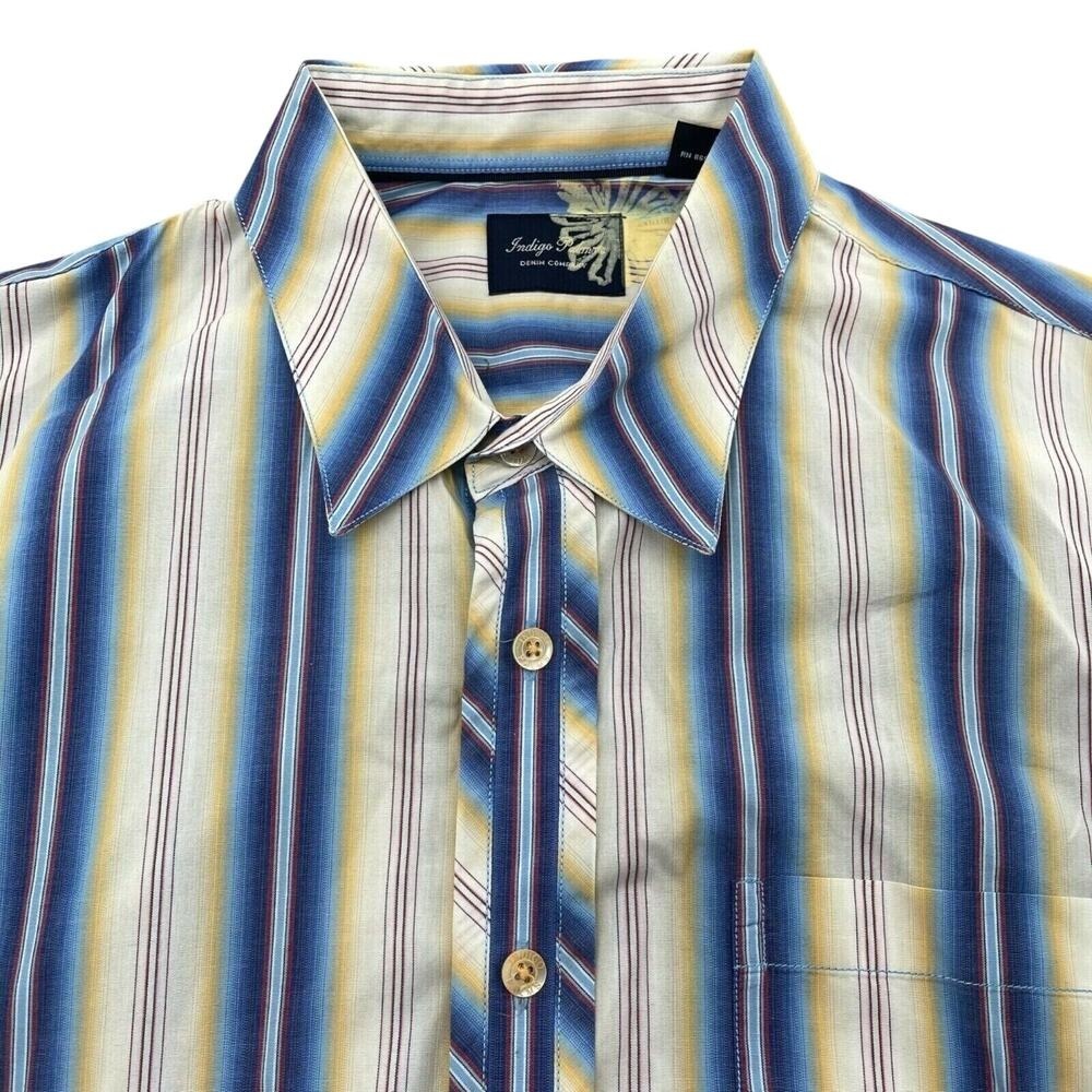Indigo‎ Palms Shirt Mens XL Blue Yellow Shadow Stripe Cotton Long Sleeve